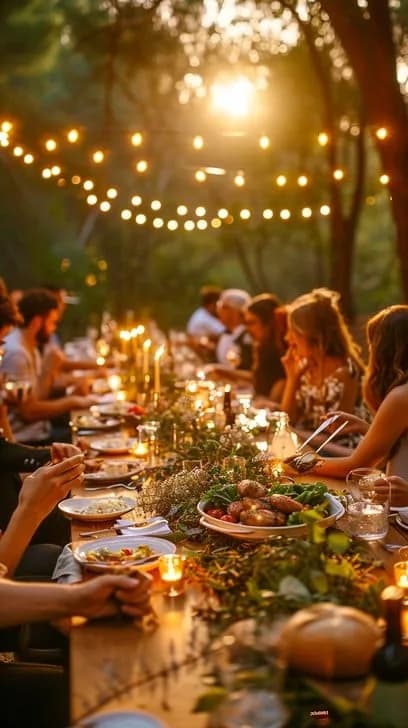 Strangers at a long garden table under string lights
