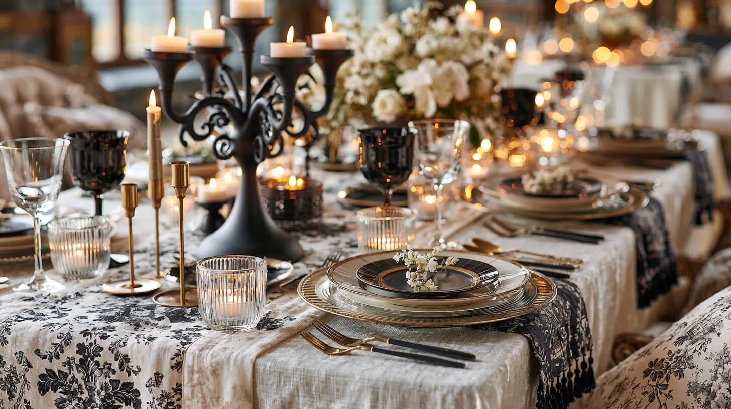 A long table, people having supper together by candlelight