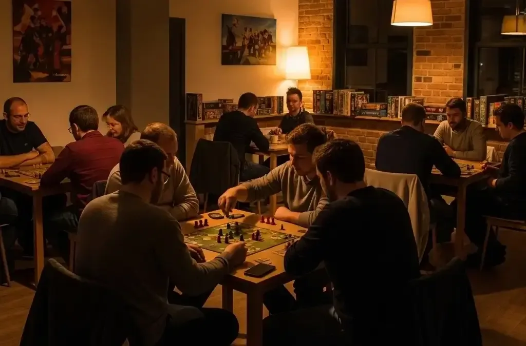 People playing board games in a dim room, no stage and no screens