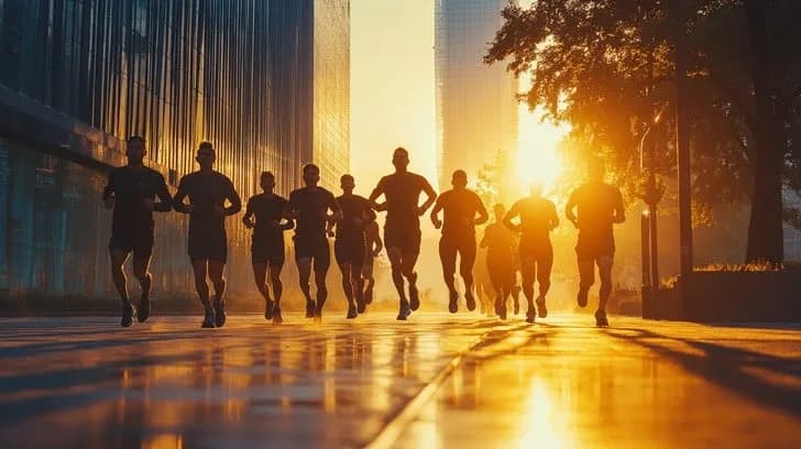 A run club at sunrise, a group running together